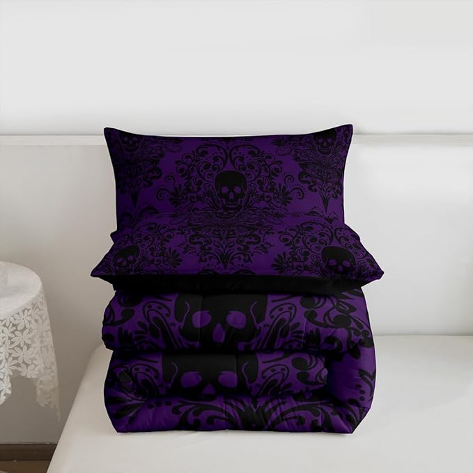 Feelyou Adults Gothic Skull Bedding Set King Size Kids Damask Print Comforter Goth Bohemian Duvet Breathable Soft Lightweight Microfiber Black Purple Room Decor with 2 Pillowcases