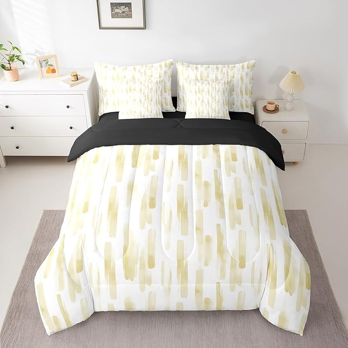 Erosebridal 7Pcs Lemon Yellow Boho Striped Comforter Set King,Geometric Stripes Abstract Bed in A Bag for Adults Women Men,Modern Ink Watercolor Quilt Set with Pillowcases,Ombre Gradient Art Bedding