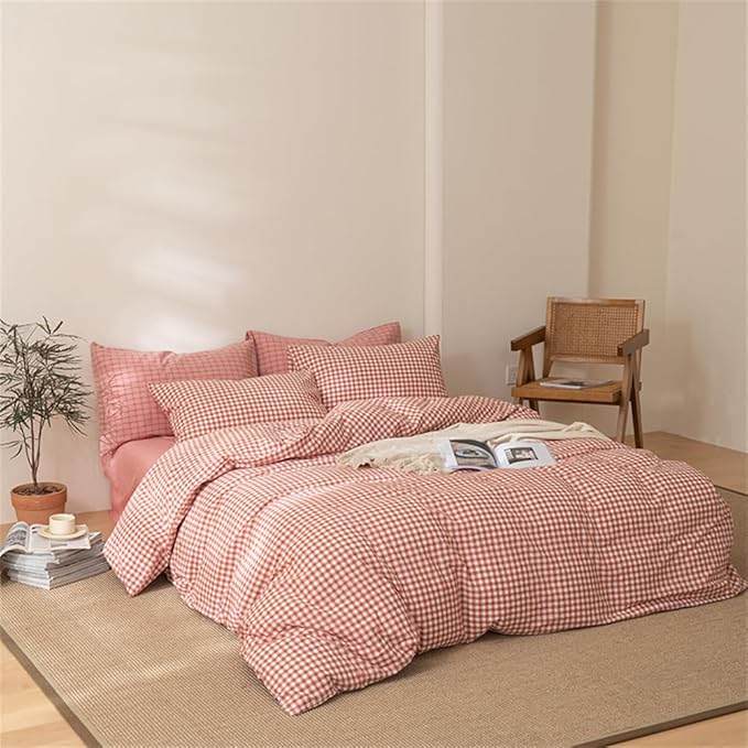mixinni Orange Gingham Comforter Set Twin XL, Plaid Comforter Set 3 Pieces 1 Orange Grid Comfoter with 2 Pillow Cases for All Seasons, Soft Fluffy Modern Grid Pattern Printed Bedding-Twin XL Size