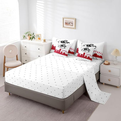 Erosebridal Football 7 Pcs Comforter Set Queen Football City Bedding for Men Boys Red Grey Football Fans Sheet Set Bed in A Bag Rugby Game Room Decor Sports Ball Competition Quilt
