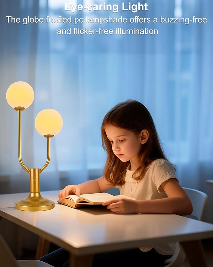 Gold Globe Table Lamp for Bedroom 2-Light Mid Century Modern Desk Lamp for Reading 3000K Warmwhite Dimmable Bedside Lamps Nightstand Lamp (G9 Bulb Included)