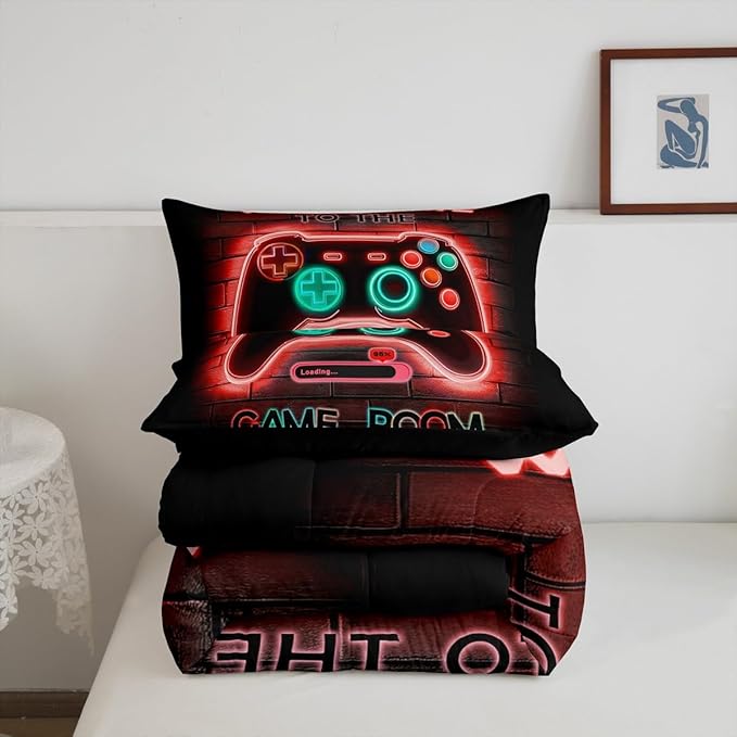 jejeloiu Red Gamer Gaming Bedding Set Toddle Size for Boys Game Console Comforter Set Kids Teens Neon Light Duvet Set Cool Game Room Decor Quilt Set 2Pcs