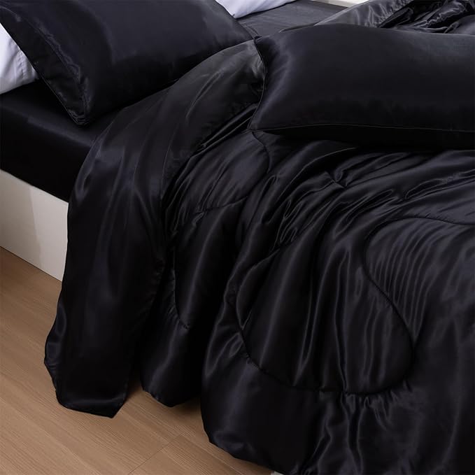 A Nice Night Satin Silky Soft Quilt Luxury Super Soft Microfiber Bedding Comforter Set, Light Weighted (Black, Twin)