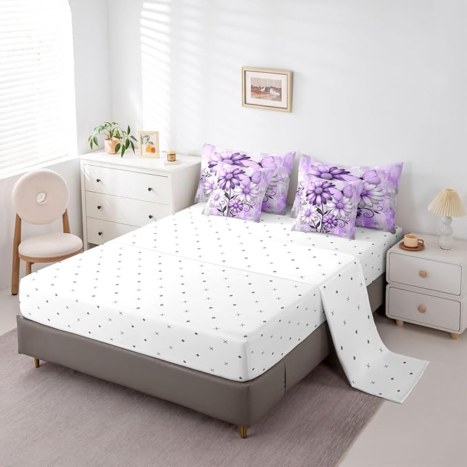 Feelyou Purple Floral Comforter Set with Sheets 7 Piece Full Size Daisy Blossom Flowers Pattern Bedding Set for Kids Boys Girls Abstract Geometric Art Bed in a Bag Room Decor Microfiber