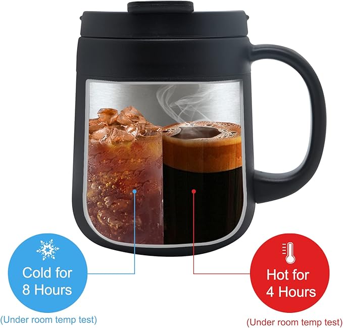 11OZ 330ML Stainless Steel Insulated Coffee Mug with Handle, Double Wall Stainless Steel Tumbler Cup with 2 Lids, Black