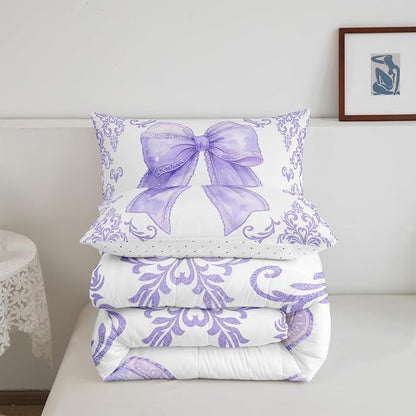 jejeloiu Girls Pretty Ribbon Purple Bow Bedding Set Toddle Size Purple Damask Comforter Set for Kids Women Cute Bow Duvet Set Princess Quilt Set 2Pcs