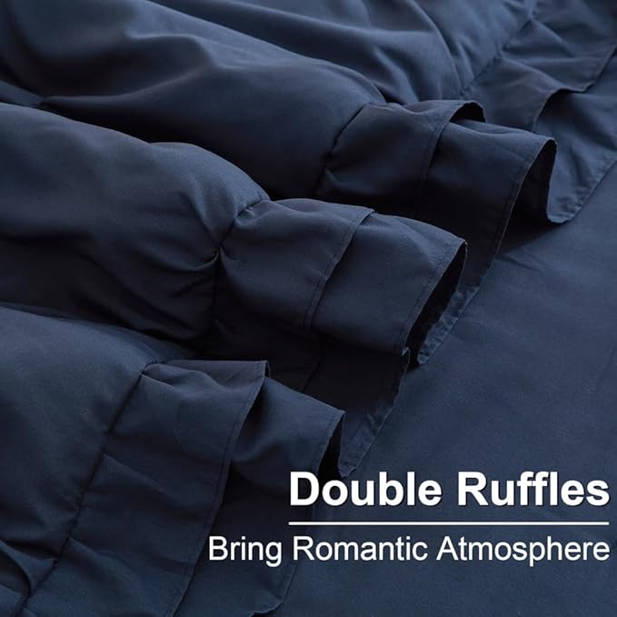 AMWAN Dark Blue Ruffled Pintuck Comforter Set Queen Size, Microfiber Pinch Pleated Comforter Set Vintage Shabby Chic Bedding, 3 Piece Brushed Comforter Set, 1 Ruffled Comforter with 2 Pillowcases