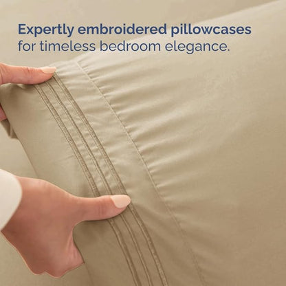Full XL Bed Sheet Set - 4 Piece Extra Long Extended Full XL Sheets - Soft, Breathable & Cooling - Fits 8" to 16" Mattress with Deep Pockets - 54" x 80" - Easy-Fit, Wrinkle and Fade Resistant - Beige