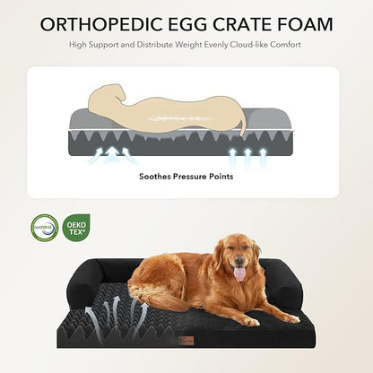 Orthopedic Dog Beds for Large Sized Dogs, Waterproof Egg Crate Foam Medium Dog Couch Beds for Crate 35x22Inch, Washable Pet Beds with Removable Cover and Nonskid Bottom, Black