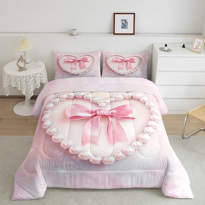 jejeloiu Girls Silk Bow Bedding Set Toddle Size Pink Pearl Comforter Set for Kids Women Princess Style Duvet Set Pink Ombre Quilt Set 2Pcs
