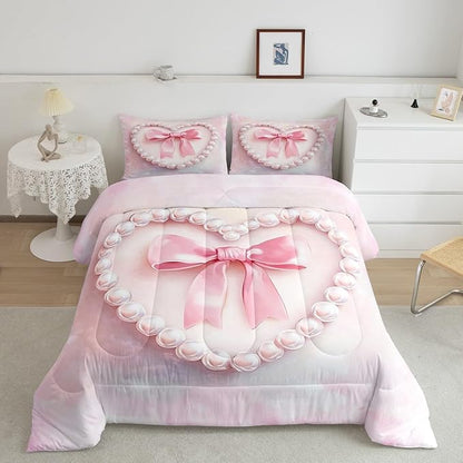 jejeloiu Girls Silk Bow Bedding Set Toddle Size Pink Pearl Comforter Set for Kids Women Princess Style Duvet Set Pink Ombre Quilt Set 2Pcs
