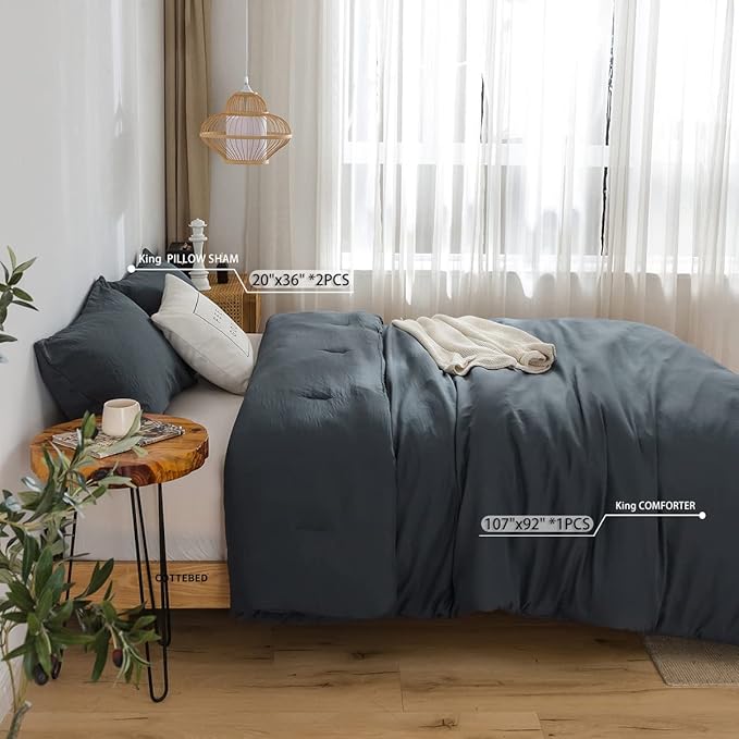 COTTEBED Washed Polycotton Microfiber King Size Comforter Set, Lightweight Ultra-Soft Comfy Cozy Bedding Blanket Comforter with 2 Pillow Shams for All Season Use - Dark Dusty Blue Grey King/Cal King