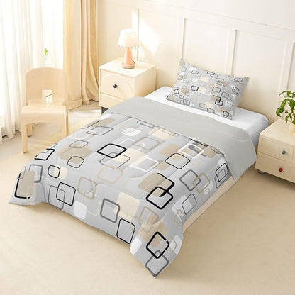 Erosebridal Minimalist Geometric Square Bedding Set Twin Mid-Century Plaid Comforter Set for Kids Girls Boys Neutral Gray Beige Abstract Down Comforter Modern Checkered Quilt Duvet