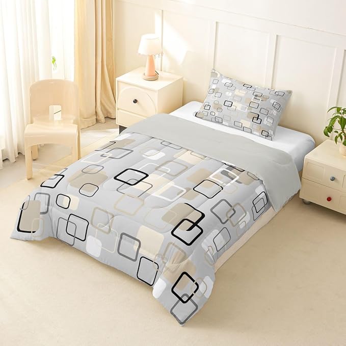 Erosebridal Minimalist Geometric Square Toddler Bedding Set Mid-Century Plaid Comforter Set for Kids Girls Boys Neutral Gray Beige Abstract Down Comforter Modern Checkered Quilt Duvet