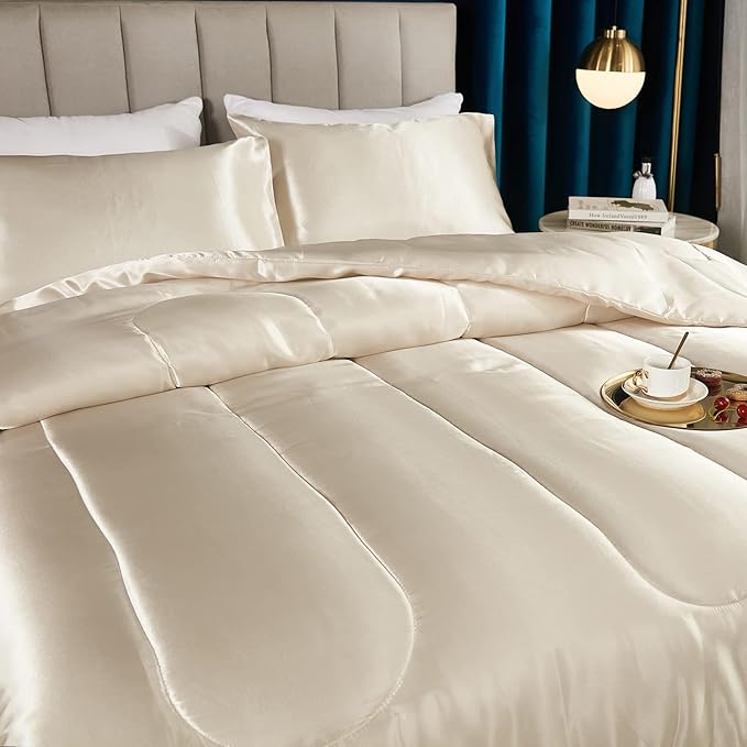 Bedding_Dreamer Satin Comforter King Silky Comforter Set Alternative Down Comforter Silk Like Beige Comforter for Women Luxury Hotel Silky Cream 1 Comforter 2 Pillowcase (King, Beige)