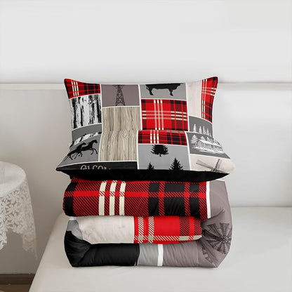 Erosebridal Cabin Rustic Lodge Comforter Set, Horseshoe Horse Quilt Twin Size for Kids Boys Men Bedroom Decor,Country Windmill Down Comforter Retro Farmhouse Grid Patchwork Bedding, 1 Pillow Case