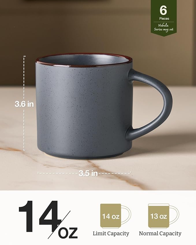 famiware Coffee Mugs Set of 6, Nebula 14oz Coffee Mugs, Ceramic Cup Set with Handle for Latte, Tea, Milk, Cappuccino, Cocoa, Charcoal