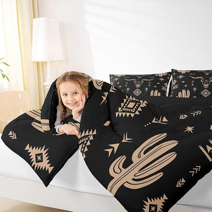 Erosebridal Boys Bull Skull Comforter Set King Size, Western Cowboy Bedding Set Vintage Southwestern Duvet Insert Bohemian Geometric Cactus Quilt Tribal Exotic Ethnic Bedroom Decor, Black Brown
