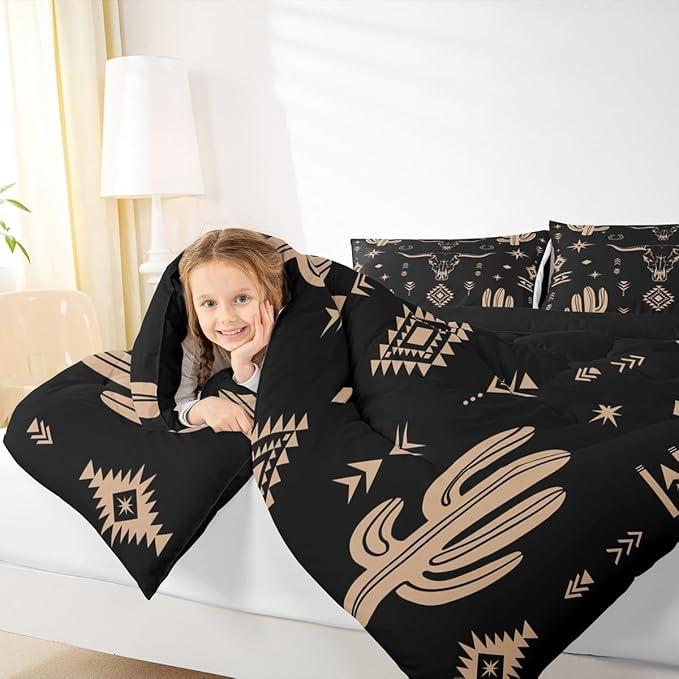 Erosebridal Boys Bull Skull Comforter Set Queen Size, Western Cowboy Bedding Set Vintage Southwestern Duvet Insert Bohemian Geometric Cactus Quilt Tribal Exotic Ethnic Bedroom Decor, Black Brown