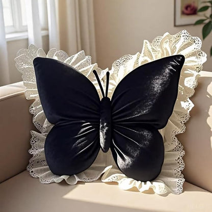 Butterfly Throw Pillow,21.6 inch Velvet Butterfly Decorative Pillow with Lace Trim,Animal Pillow for Couch Living Room Bed,Home Garden Decor (Black)