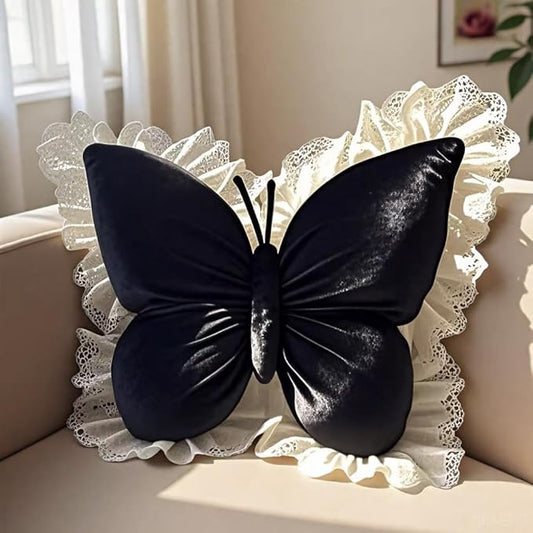 Butterfly Throw Pillow,21.6 inch Velvet Butterfly Decorative Pillow with Lace Trim,Animal Pillow for Couch Living Room Bed,Home Garden Decor (Black)