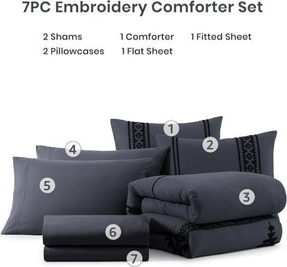 MaiRêve Embroidery Full Size Comforter Set Crown Blue, Farmhouse Western Boho Bedding Set 7 Pieces, All Season Bed in A Bag Comforter Set with Sheets, Pillowcases & Shams