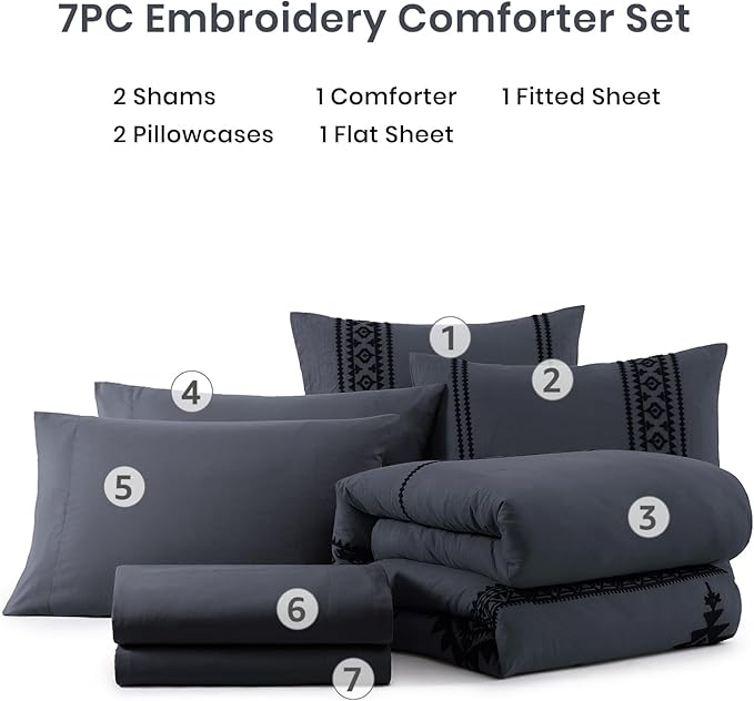 MaiRêve Embroidery King Size Comforter Set Crown Blue, Boho Farmhouse Western Bedding Set 7 Pieces, All Season Bed in A Bag Comforter Set with Sheets, Pillowcases & Shams
