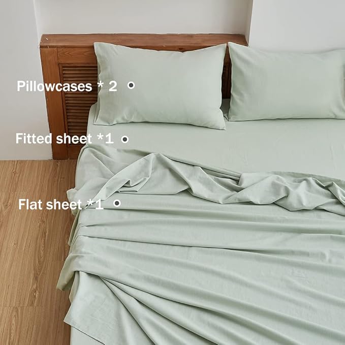 Simple&Opulence Belgian Linen Sheet Set Solid Color - 4 Pieces (1 Flat Sheet, 1 Fitted Sheet & 2 Pillowcases) Natural Flax Cotton Blend Soft Breathable Farmhouse Bedding - King Size, Mint Green