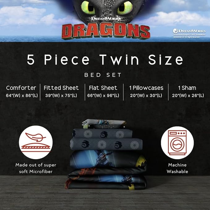 How to Train Your Dragon Kids Bedding Super Soft & Cozy Reversible Microfiber Comforter and Sheet Set with Sham, 5 Piece Twin Size, (Officially Licensed Product) by Franco
