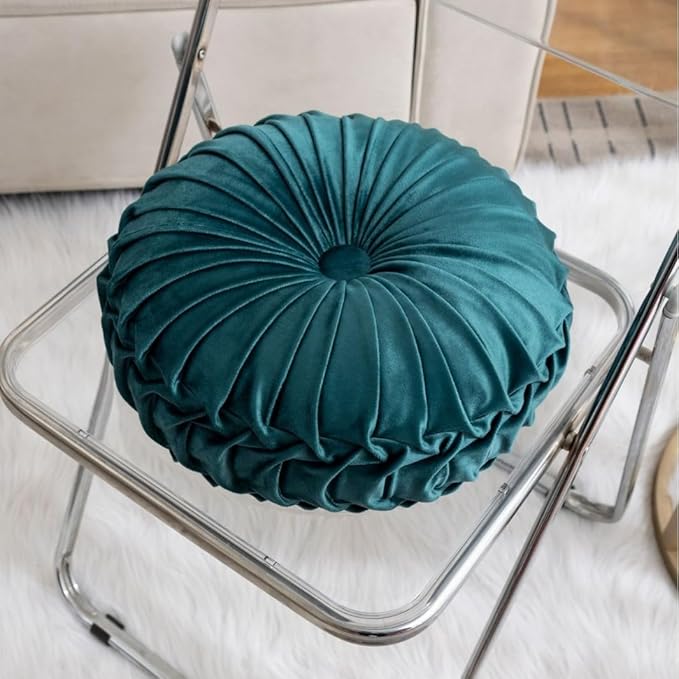 MOCOFO Round Velvet Throw Pillow, Pumpkin Shape Decorative Floor Cushion, Handcrafted Pleated Design, 14 and 16 Inch Diameter, Multiple Colors, Polyester Fill (Turquoise, 16")
