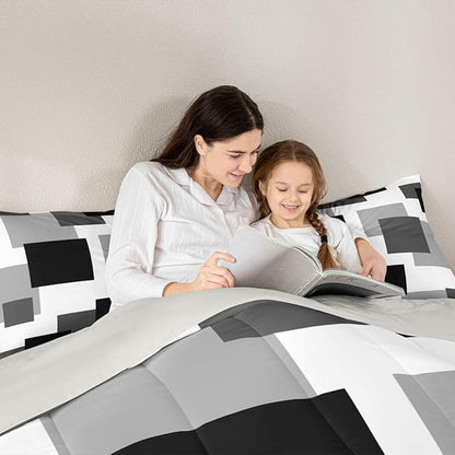 Castle Fairy Black White Grey Comforter Set King Size,Modern Abstract Square Splicing Down Alternative Adults Bedroom Decor,Geometric Grid Ultra Soft Microfiber Inner Fill 3Pcs Bedding