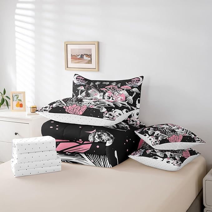Feelyou Sugar Skull Bedding Set with Comforter, Full Size 7Pcs Halloween Themed Comforterative Pink Death Moth Bed in a Bag with Comforter, Boho Mushroom Room Decor