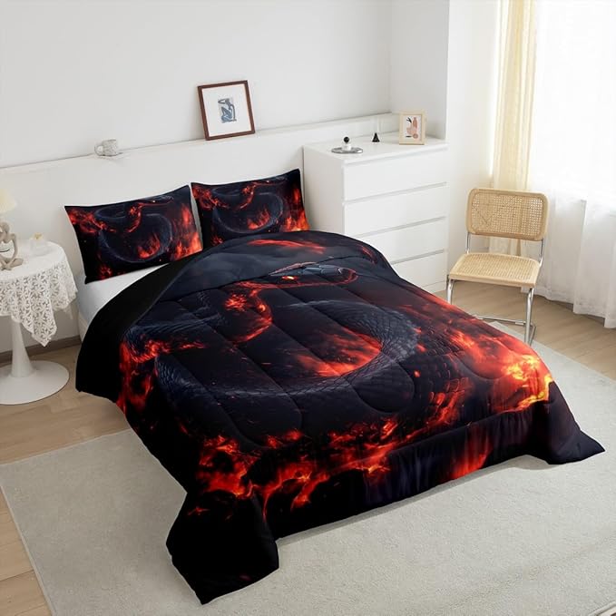 Manfei Snake Kids Comforter Queen,Exotic Fire Snake Bedding Set for Girls Youth Bedroom Decor,3D Flame Magma Reversible Quilt Sets,Safari Animal Bedding Comforter Set,Soft Fluffy