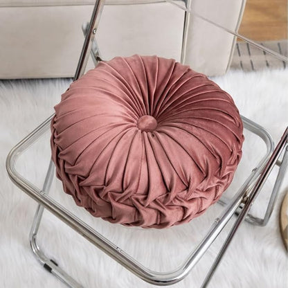 MOCOFO Round Velvet Throw Pillow, Pumpkin Shape Decorative Floor Cushion, Handcrafted Pleated Design, 14 and 16 Inch Diameter, Multiple Colors, Polyester Fill (Dark Pink, 16")