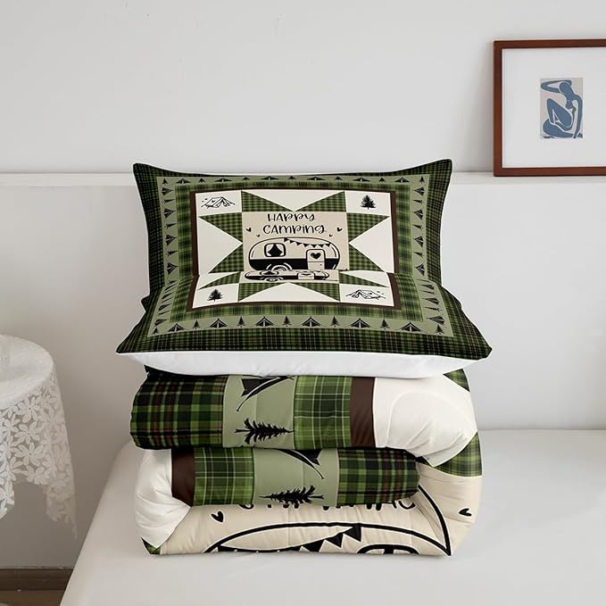 Feelyou Camper Comforter Set Full Size Kids Happy Camping Comforter for Boys Teens Southwestern Vinatge Camper Accessories for Travel Trailers Bedding Set Green Tree Duvet Set Room Decor