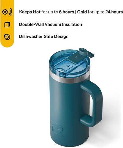 RTIC 16oz Road Trip Travel Mug with Lid and Handle, Ceramic Lined, Insulated, Stainless Steel, Metal, Double Wall Vacuum-Insulation, Portable Coffee, Tea Cup for Hot and Cold Drink, Marine