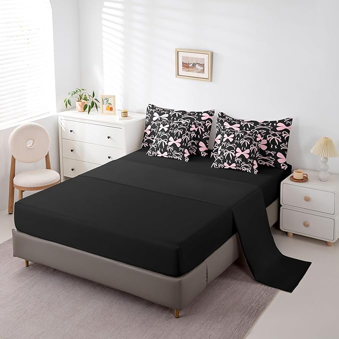 Feelyou Bow Bedding Set for All Season Boys Girls Full Size Black Pink Girls Bow 7 Pieces Comforter Sets Women Men Cute Bowknot Bed in a Bag with Comforter, Sheets, Pillowcases & Cushion Cover