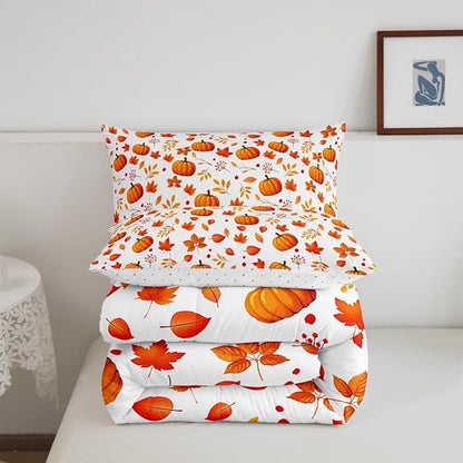 Happy Fall Comforter Set - Pumpkin & Maple Leaves Bedding Quilted Comforter - Thanksgiving Gifts for Kids - 2 Pcs