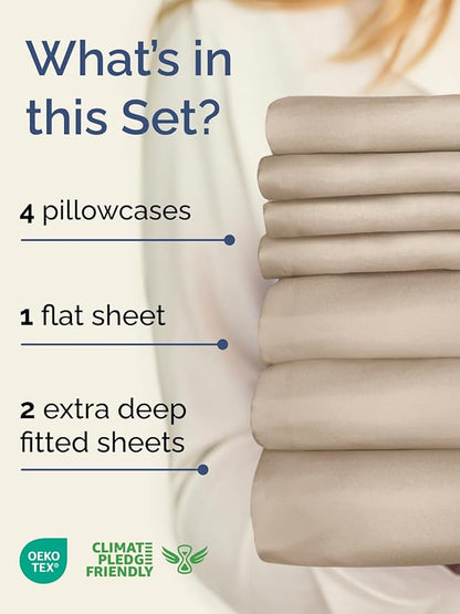 Extra Deep Split King Sheet Set - 7 Piece Breathable and Cooling Sheets - Hotel Luxury Bedding for Women, Men, Kids & Teens - Easy Secure Fit - Soft, Wrinkle Free & Comfy - Extra Deep Pockets - Wheat