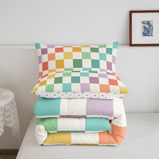 Feelyou Multicolored Checkered Retro Bedding Set Kids Boys Girls Geometric Vintage Comforter Set Queen Size Green Yellow Colorful Duvet Insert Modern Simple Groovy Aesthetic Room Decor