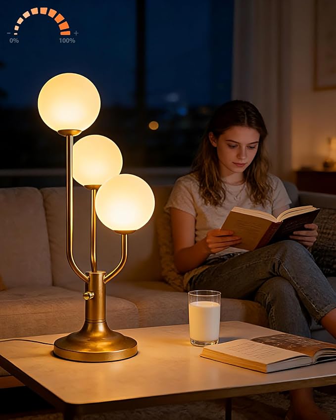 Modern Gold Globe Table Lamp Dimmable Mid Century 3-Light Desk Lamp 3000K Warmwhite Nightstand Lamp for Bedroom Bedside End Table(G9 Bulb Included)