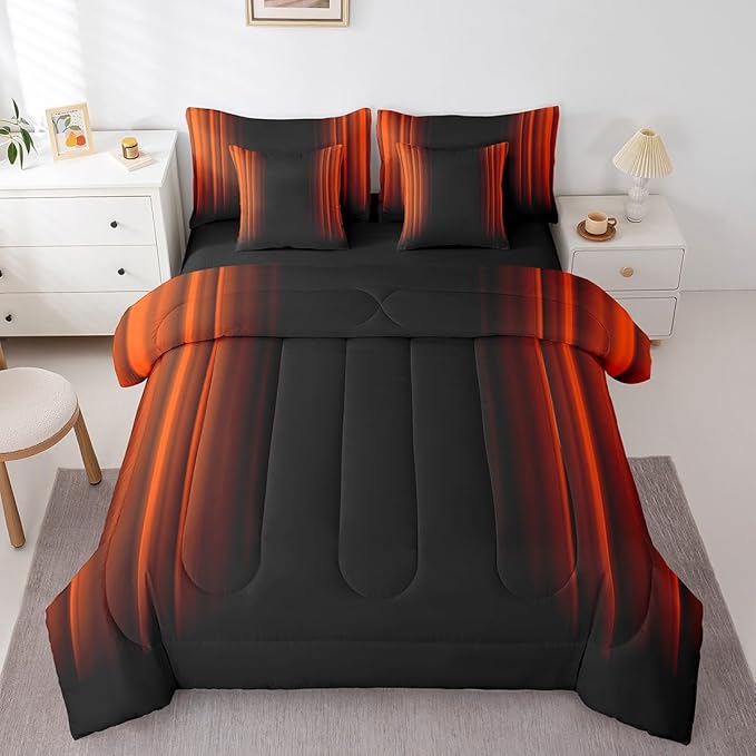 Feelyou Geometric Abstract Ombre Comforter Set with Sheets Kids Teens Orange Red and Black Striped Bedding Bed Set Decor Modern Fashion Bed in a Bag Bedroom Collection Twin Size