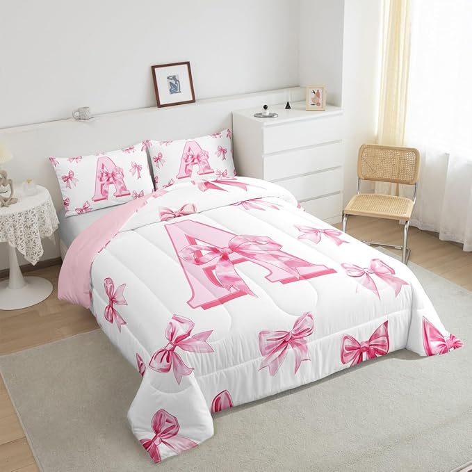 Erosebridal Initial Letter A Comforter Set Pink Bow Girls King Bedding Set Kawaii Girly Bowknot Bedding Comforter Sets Princess Style Romantic Bow Bed Set for Kids Teen Women