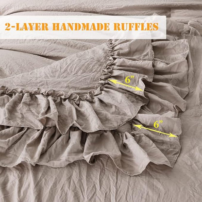 Masaca Shabby Ruffled King Comforter Set,Farmhouse Taupe Bedding Comforter Lightweight Ultra Soft Vintage Rustic Microfiber Bedding 3pc (1 Ruffle Comforter and 2 Pillowcases)