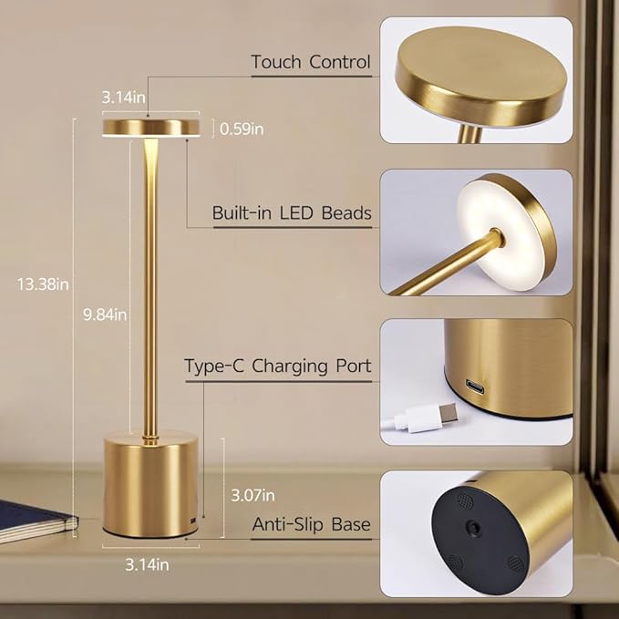 2 Pack LED Rechargeable Cordless Table Lamps,Portable Outdoor 5000 mAh Battery Operated Table Light Touch Control 3 Color Dimmable Touch Lamp for Patio/Cofee/Restaurant/Camping/Dining/Bedroom-Gold