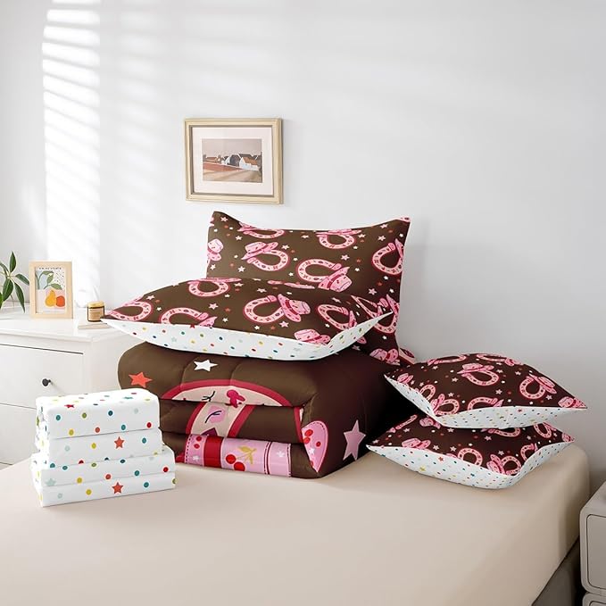 Feelyou Pink Western Cowgirl Comforter Set with Sheets Twin Size Kids Rodeo Horseshoe Hat 7 Pieces Bedding Set for Boys Girls Teens West Cowboy Bed in a Bag Grunge Design Bed Set