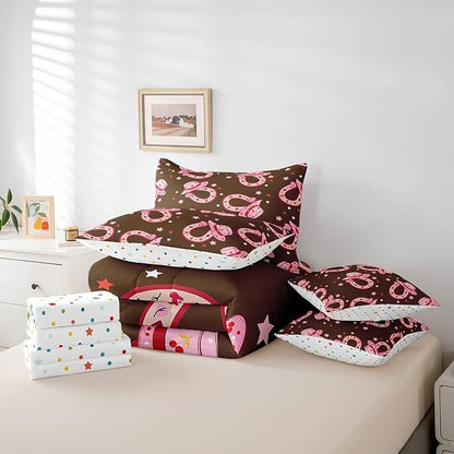 Feelyou Pink Western Cowgirl Comforter Set with Sheets Full Size Kids Rodeo Horseshoe Hat 7 Pieces Bedding Set for Boys Girls Teens West Cowboy Bed in a Bag Grunge Design Bed Set
