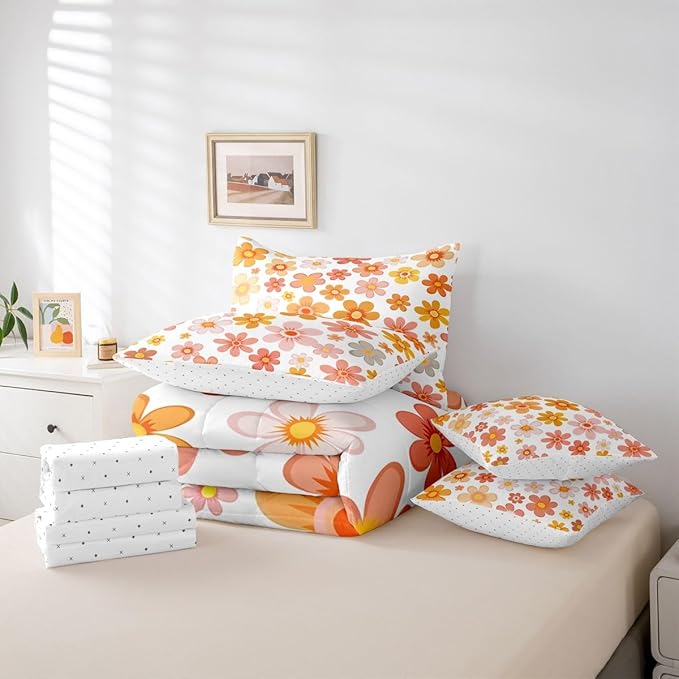 Erosebridal Groovy Flower 7 Piece Comforter Set Full | Vintage Floral Bed in A Bag Geometric Hippie Garden Funky Sheet Set Breathable Lightweight Pastoral Style Fitted Sheet Reversible