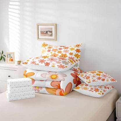 Erosebridal Groovy Flower 7 Piece Comforter Set King | Vintage Floral Bed in A Bag Geometric Hippie Garden Funky Sheet Set Breathable Lightweight Pastoral Style Fitted Sheet Reversible