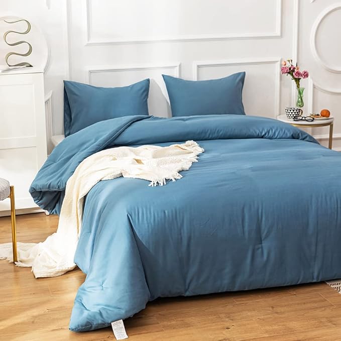 Cottonight Blue Comforter Sets King Lake Blue Bedding Set Haze Blue Blanket Quilt Stylish Modern Breathable Soft King Bedding Comforter Sets for Women Men King Bed